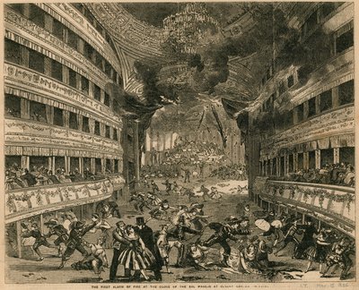Der erste Feueralarm am Ende des Bal Masque im Covent Garden Theatre, London von English School