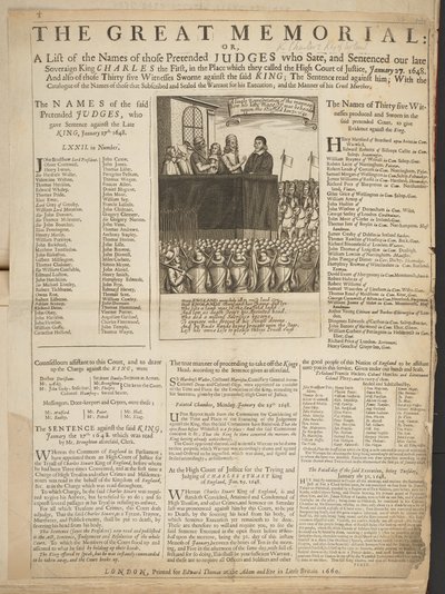 Das große Denkmal, oder, Eine Liste der Namen der angeblichen Richter, die unseren verstorbenen Souverän König Karl I. verurteilten, im sogenannten Hohen Gerichtshof, 27. Januar von English School