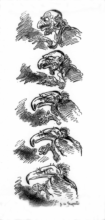 Die Verwandlung eines Juden in einen Geier. Antisemitische Vignette, veröffentlicht am 12.09.1935 in „Moonshine“, London. von English School