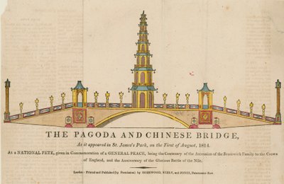 Die Pagode und Brücke, wie sie im St Jamess Park, London, am 1. August 1814 erschien von English School