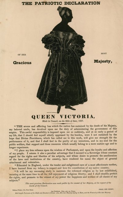 Die patriotische Erklärung Ihrer gnädigsten Majestät Königin Victoria, im Rat abgegeben am 20. Juni 1837 von English School