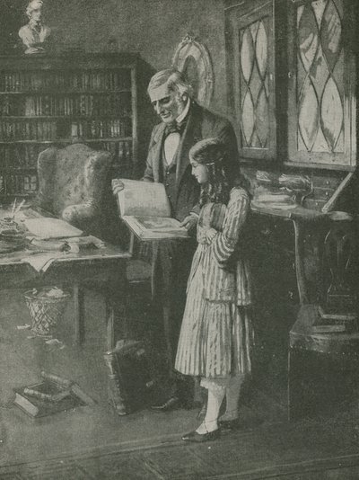 Der Philosoph und das kleine Mädchen unter den Büchern von English School