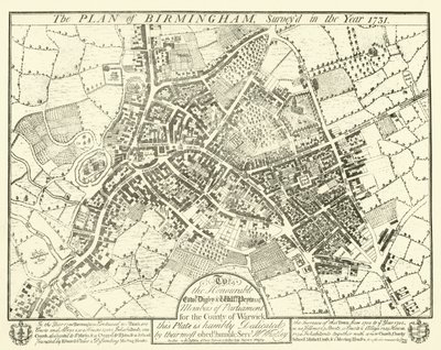 Plan von Birmingham, vermessen im Jahr 1731 von English School