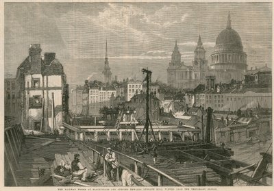 Die Eisenbahnarbeiten bei Blackfriars und die Öffnung in Richtung Ludgate Hill, London, vom temporären Brücke aus gesehen von English School