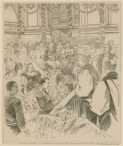 Die königliche Hochzeit, die Zeremonie an den Altarstangen, Buckingham Palace Kapelle, 23. Juli 1896 von English School