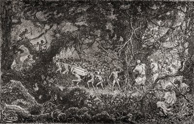 Die Späher auf Sir Henry Morton Stanleys Emin-Pascha-Entlastungsexpedition in Afrika 1888 entdecken Pygmäen, die eine Munitionskiste wegtragen, veröffentlicht 1890 von English School