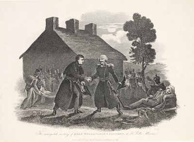 Das unerwartete Treffen von Lord Wellington und Blücher bei La Belle Alliance, veröffentlicht von T. Kelly, 1811 von English School