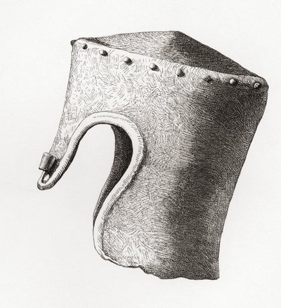 Zylindrischer Helm mit Nasenschutz aus dem 13. Jahrhundert, ausgegraben in Montgomery Castle im Jahr 1841, aus Die britische Armee: Ihre Ursprünge, Fortschritte und Ausrüstung, veröffentlicht 1868. von English School