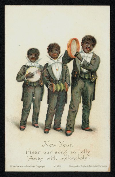 Drei schwarze Jungen spielen Musikinstrumente, Neujahrskarte von English School