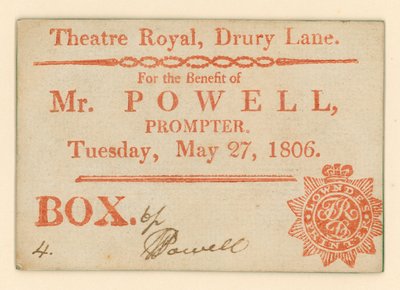 Ticket für Drury Lane Theatre, London: Zum Vorteil von Mr Powell, Souffleur, 27. Mai 1806 von English School