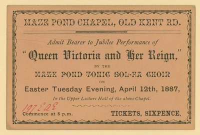 Ticket für eine Aufführung von Königin Victoria und ihre Herrschaft von English School