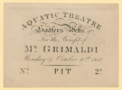 Ticket für das Aquatic Theatre, zugunsten von Mr. Grimaldi, 11. Oktober 1813 von English School
