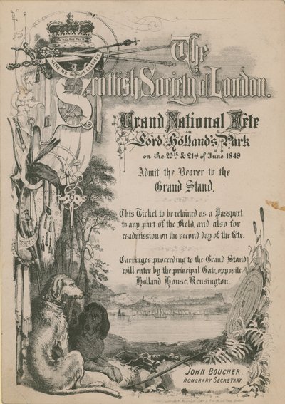 Eintrittskarte für das große Nationalfest der Spanischen Gesellschaft von London im Park von Lord Holland von English School