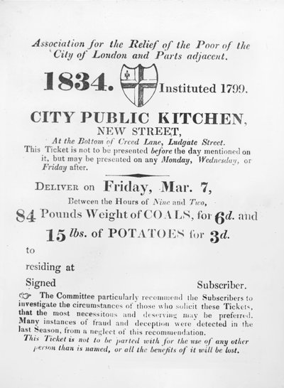 Ticket für Bedürftige zum Erhalt von Kohle und Kartoffeln aus der städtischen Volksküche, New Street, London, 1834 von English School