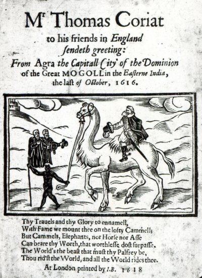 Titelseite von Thomas Coryats posthum gedrucktem Bericht über seine Reisen in Indien, veröffentlicht in London, 1618 (gedrucktes Papier & Holzschnitt) von English School