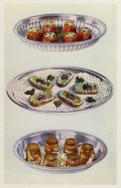 Tomatencremes; Sardellen-Gondeln; Garnelen in Aspik von English School