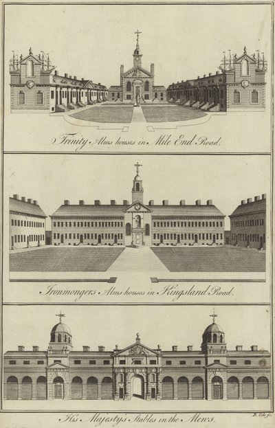 Trinity Almshouses in Mile End Road, Ironmongers Almshouses in Kingsland Road und die königlichen Ställe in den Mews, London von English School