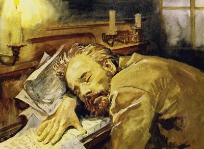 Tschaikowsky war oft erschöpft und schlief an seinem Klavier ein von English School