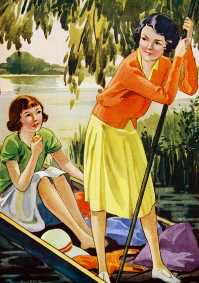 Zwei Mädchen staken auf einem Fluss von English School