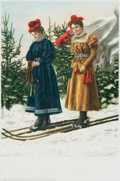 Zwei Frauen auf Skiern fahren eine verschneite Landschaft hinunter von English School