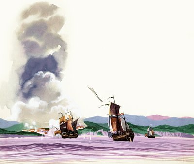 Unidentifizierte Schlacht mit Segelschiffen, die auf das Ufer feuern und Feuer erwidert wird von English School