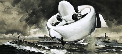 Unidentifiziertes Fluggerät erhebt sich über Schiffe auf See (WW2-Ära) von English School