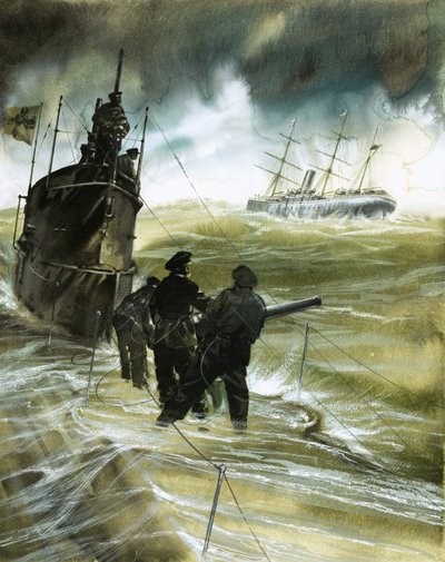 Unbekannte Soldaten auf dem Deck eines U-Boots mit Boot am Horizont von English School