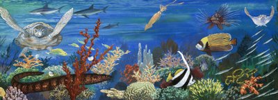 Unidentifizierte Unterwasserlebewesen einschließlich bunter Fische und Schildkröte von English School