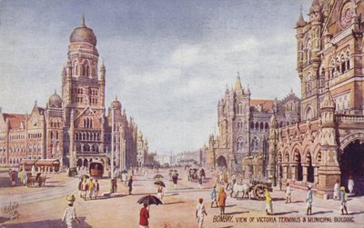 Ansicht des Victoria-Terminus und des Gemeindegebäudes, Bombay von English School