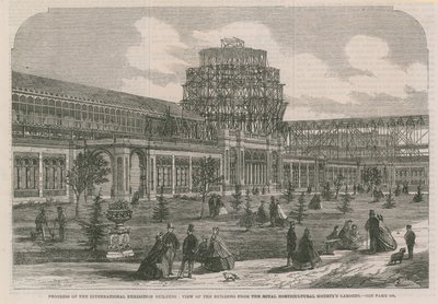 Ansicht des Internationalen Ausstellungsgebäudes von den Gärten der Königlichen Gartenbaugesellschaft von English School