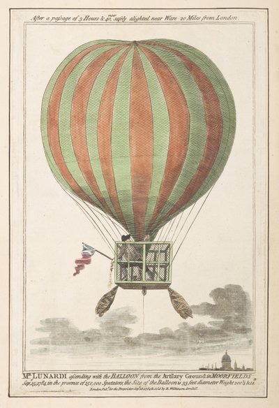 Vincent Lunardi in der Luft nach seinem Aufstieg von Moorfields, September 1784 von English School
