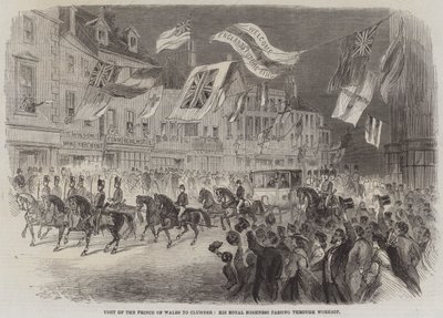Besuch des Prinzen von Wales in Clumber, Seine Königliche Hoheit passiert Worksop (Stich) von English School