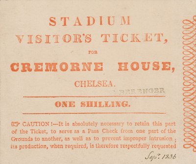 Besucherticket für das Stadion, Cremorne House, London, September 1836 von English School
