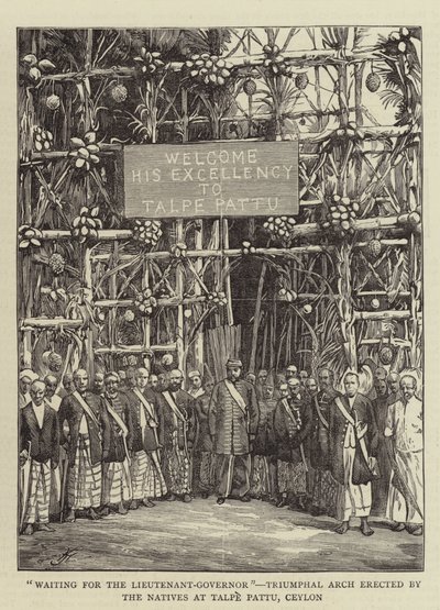 "Warten auf den Vizegouverneur", Triumphbogen, errichtet von den Einheimischen in Talpe Pattu, Ceylon von English School