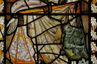 Fenster Na mit Darstellung von St. Michaels Waage mit Teufel und Seelen in den Waagschalen von English School