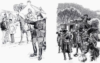 Frau auf Pferd mit Offizier und Straßenräuber von English School
