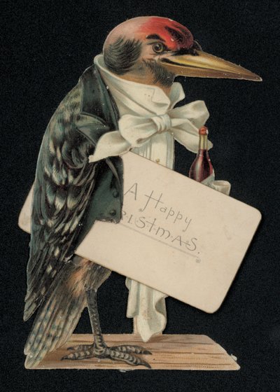 Specht als Kellner oder Butler verkleidet, Weihnachtsgrußkarte (Chromolithographie) von English School