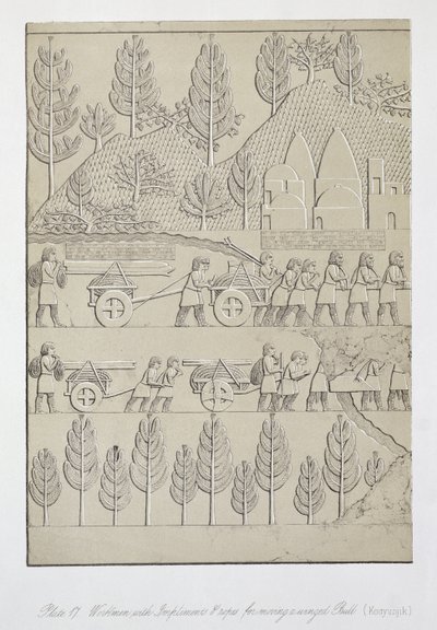 Arbeiter mit Werkzeugen und Seilen zum Bewegen eines geflügelten Stiers, Tafel 17 aus Ninive und seine Überreste von Austen Henry Layard (1817-94) veröffentlicht 1849 von English School