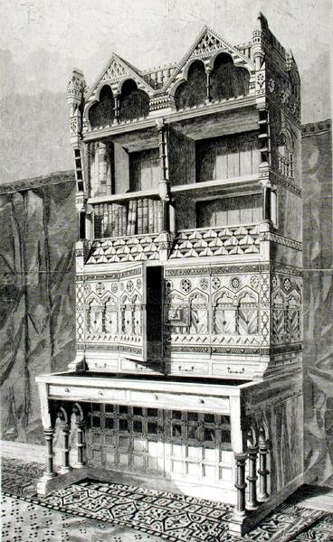 Schreibtisch und Bücherschrank in der Architekturausstellung, ausgeführt von Mr. James Forsyth, nach dem Entwurf von Mr. R. Norman Shaw von English School