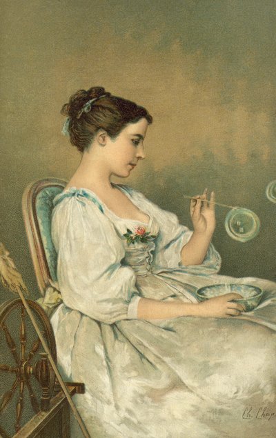 Junge Frau, die Seifenblasen bläst von English School