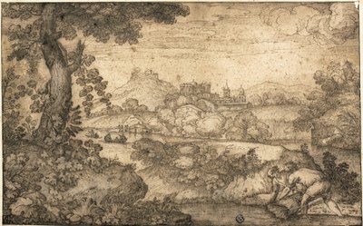 Landschaft mit Figuren, die im Vordergrund Weizen binden von Ercole Bazicaluva