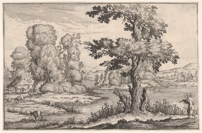 Landschaft mit weidenden Ziegen in der Nähe eines Flusses und einer Figur im rechten Vordergrund, aus einer Serie..., 1638 von Ercole Bazicaluva