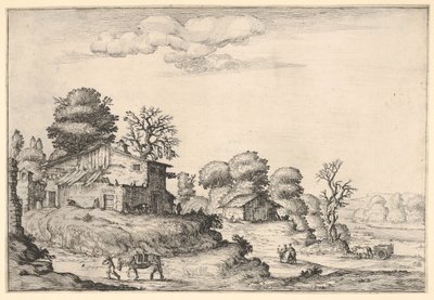 Landschaft mit Bauernhäusern und einem Mann, der ein Pferd im Vordergrund führt, aus einem ..., 1638 von Ercole Bazicaluva