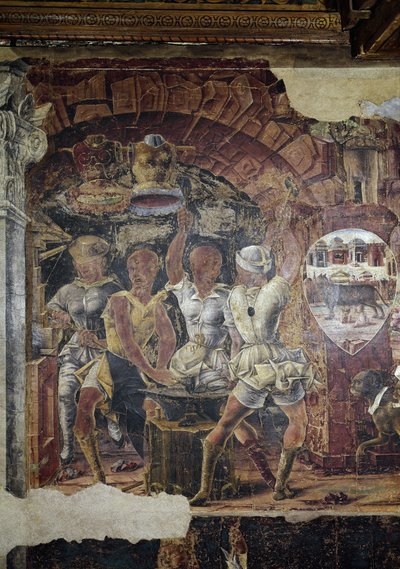 Allegorie des Septembers, Detail des Triumphs des Vulkan, Ansicht seiner Schmiede (Detail) von Ercole de Roberti