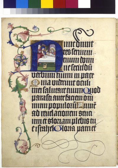 Vollseite: Text [Simeons Lobgesang] mit historisierter Initiale N und Ranken: Darstellung Jesu im Tempel von Erich Lessing