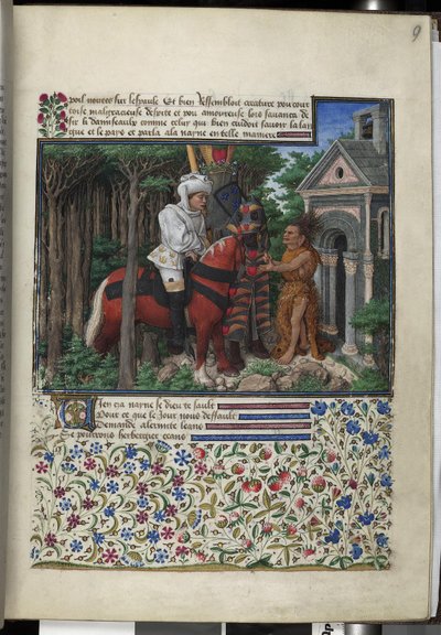 Vollseite: Text mit gemalter Initiale, gerahmter Miniatur und Rand von Erich Lessing