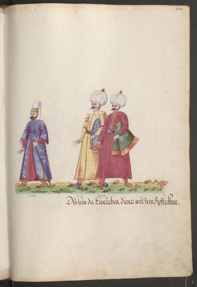 Der Serail der Sultanin: Eunuch mit zwei Dienern, die Pferdedecken tragen von Erich Lessing