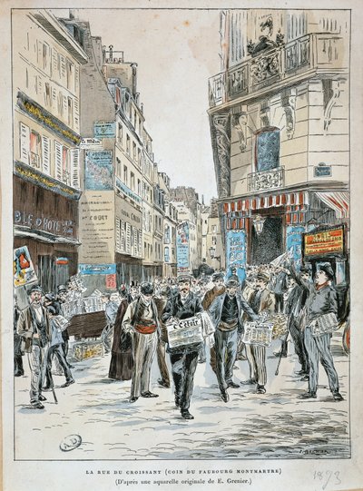 Frankreich, Paris, Zeitungsverkäufer in der Rue du Croissant an der Ecke der Rue du Faubourg Montmartre in Paris von Ernest Grenier, Druck aus Aquarell von Ernest (after) Grenier