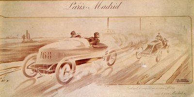 Motorsport: „Paris Madrid“: Gabriel Sieger auf Mors mit Michelin-Reifen. Illustration 1903 von Ernest Montaut