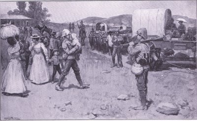 Britische Soldaten helfen Burenflüchtlingen, Illustration aus After Pretoria: The Guerilla War, 1902 von Ernest Prater